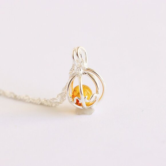 Sterling Silver Birdcage Pendant with Baltic Amber Fossil Insect - Picture 3 of 5